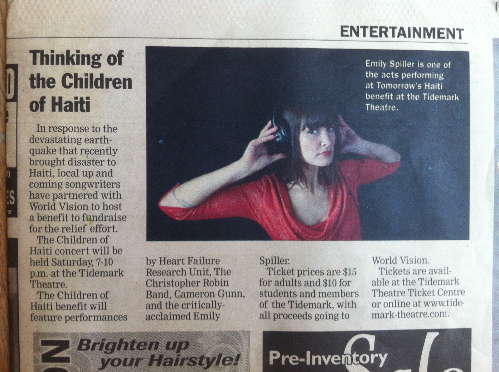 Newspaper clipping about benefit concert for Haiti